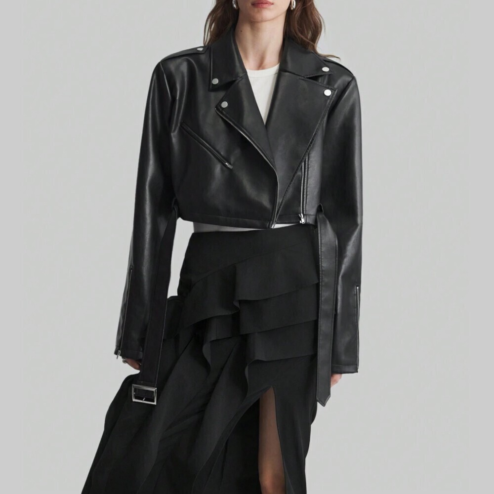 Black Faux Leather Cropped Moto Jacket with Belt